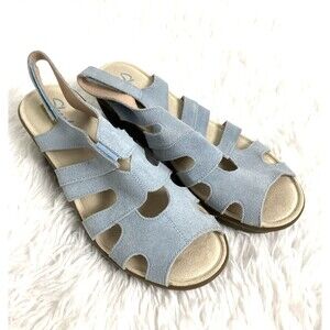 Skechers Memory Foam Womens Wedge Sandals Size 8 Blue Sky Suede Slingback